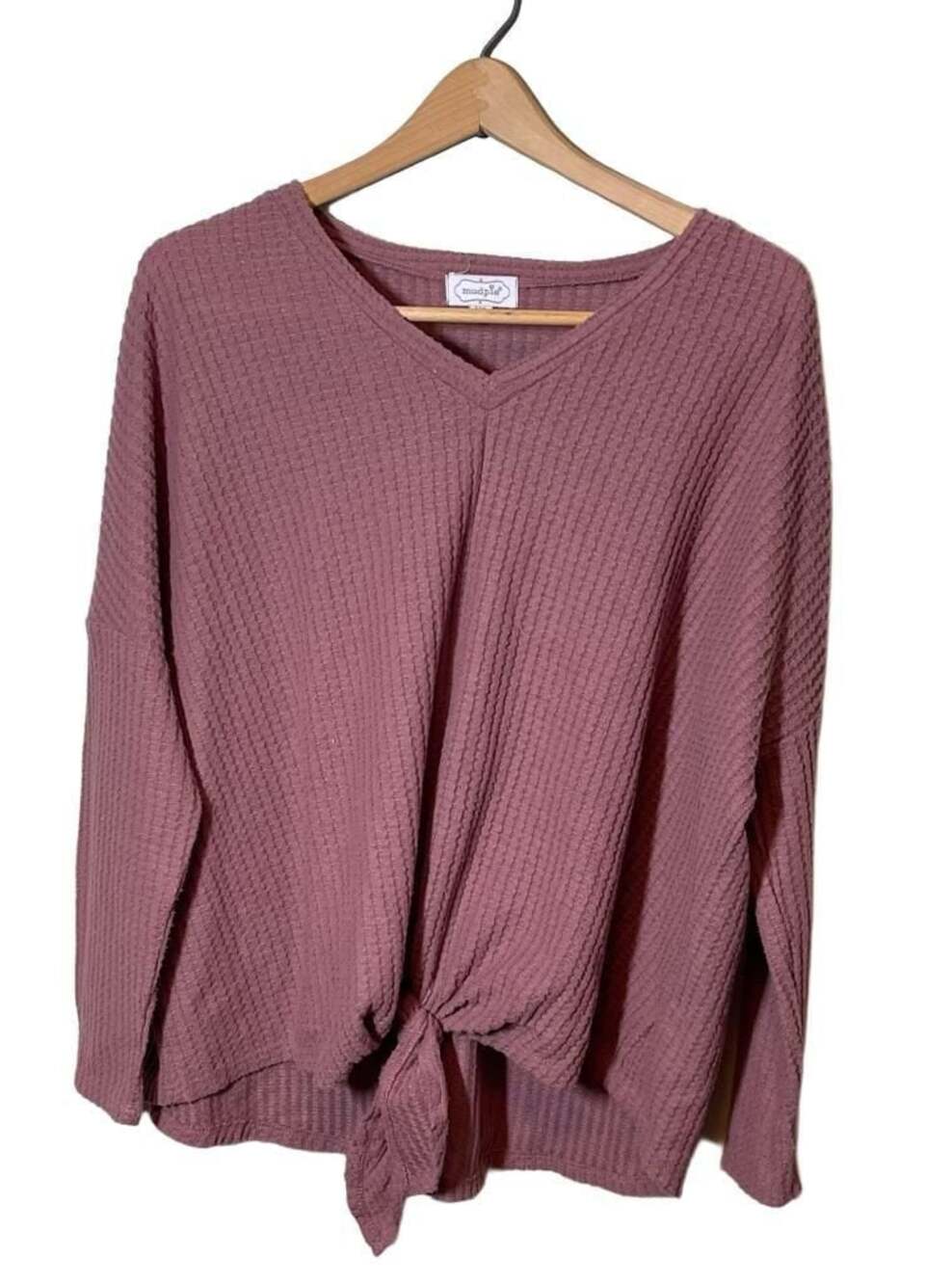 Lagenlook Mauve Waffle Knit V-Neck Front Tie Top Sweater Size M/L Oversized